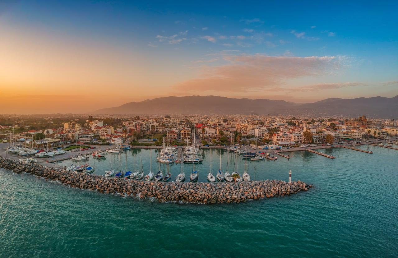 Aerial view of Kalamata Marina at sunset